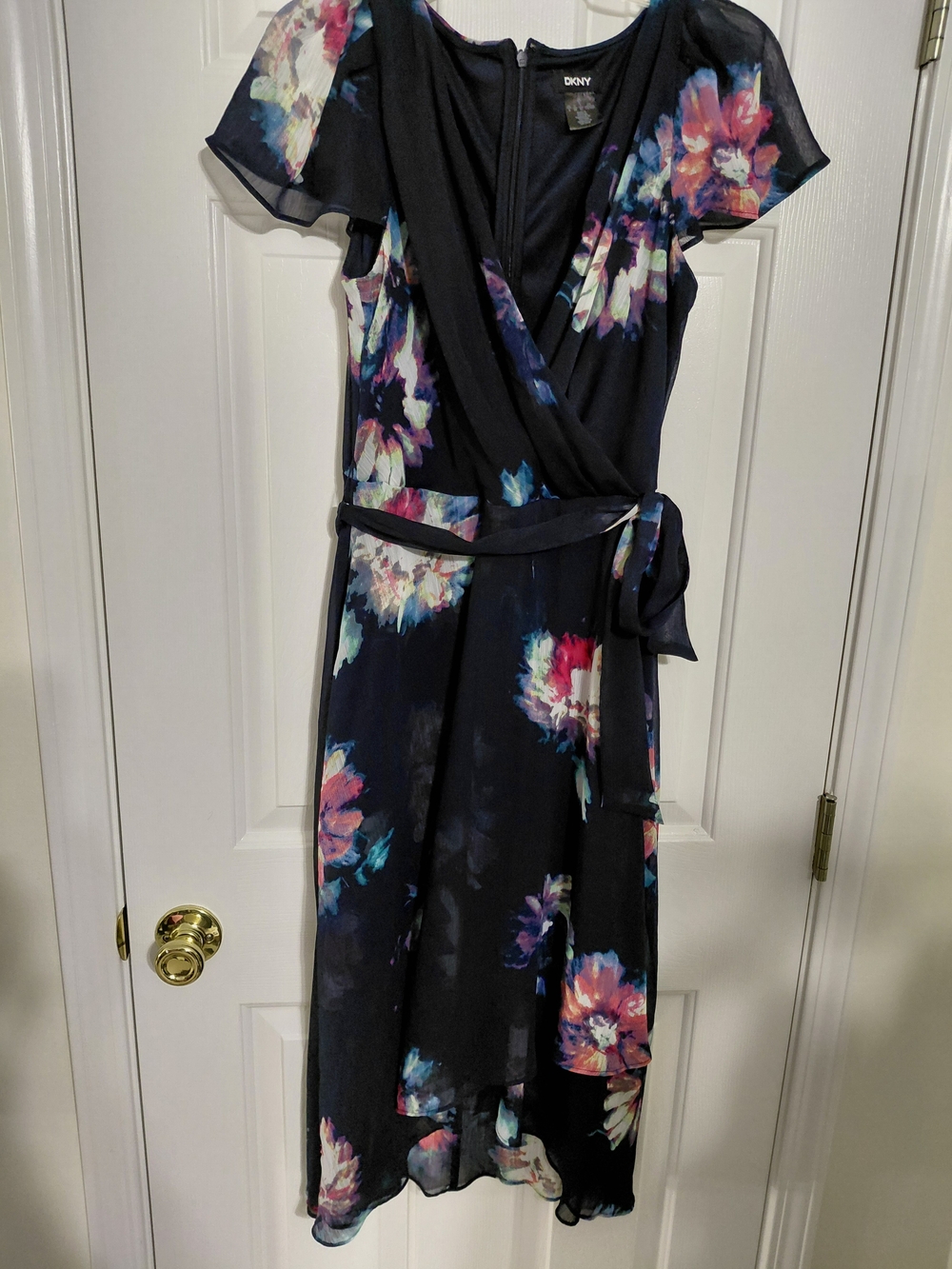 DKNY Black Floral Wrap Midi Dress with Pink, Purple and Blue Blooms